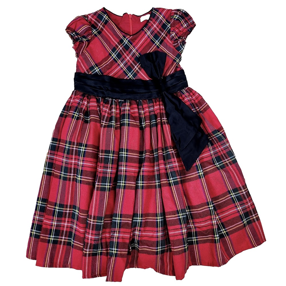 Trish Scully Child Girls Dress 7 Red Plaid Black Satin‎ Bow A-Line Holiday Midi